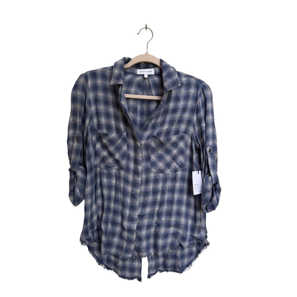 Bella Dahl Womens Blue Plaid Button Down Shirt Split‎ Back Raw Hem Size XS